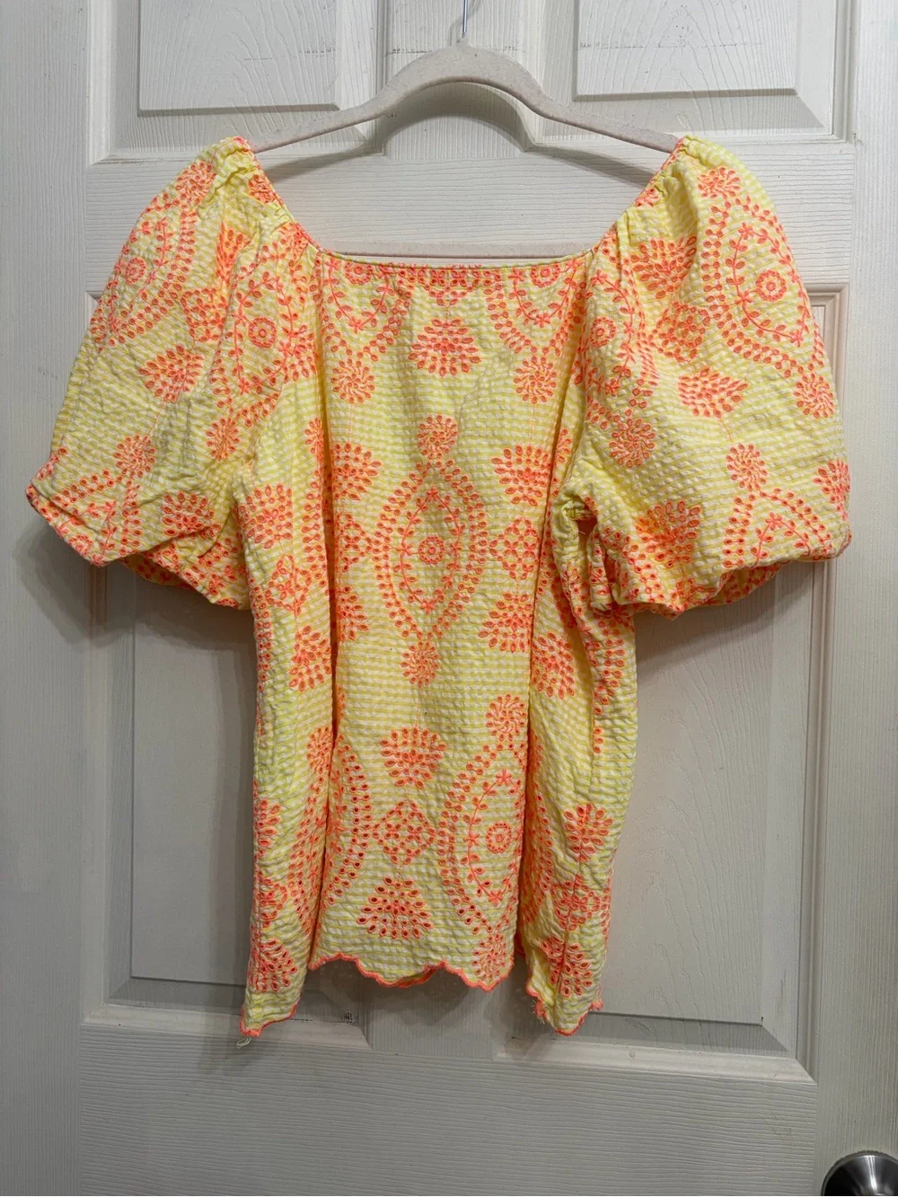 Lilly Pulitzer Lettie Eyelet Top yellow size Large with orange embroidered